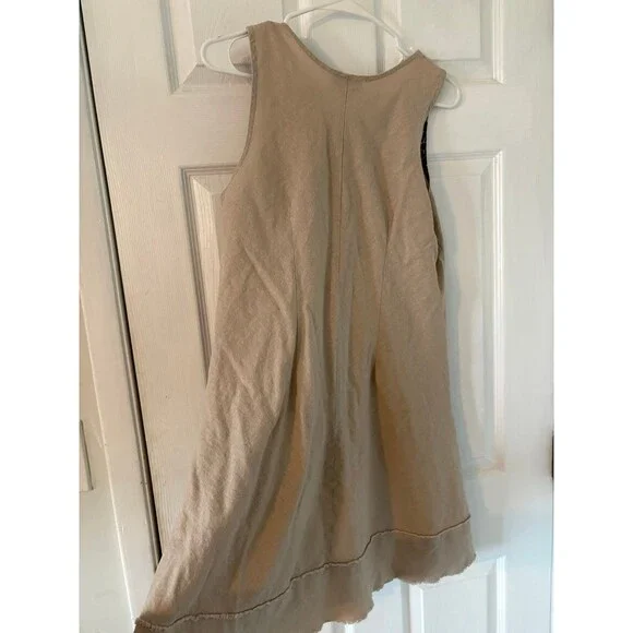 Linen Blend Shift Dress Beige Leopard Trim Pockets Size 12 Boho Casual - Picture 5 of 6